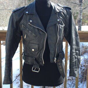 HEAVY-LEATHER BiKER MOTO JACKET BY UNIK INTERNATIONAL VTG LADIES Sz XXS